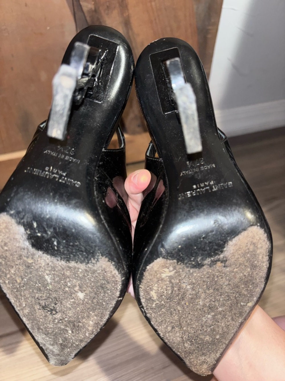 Saint Laurent Black Patent YSL Logo Heel Slingbacks 37.5 - Picture 7 of 10